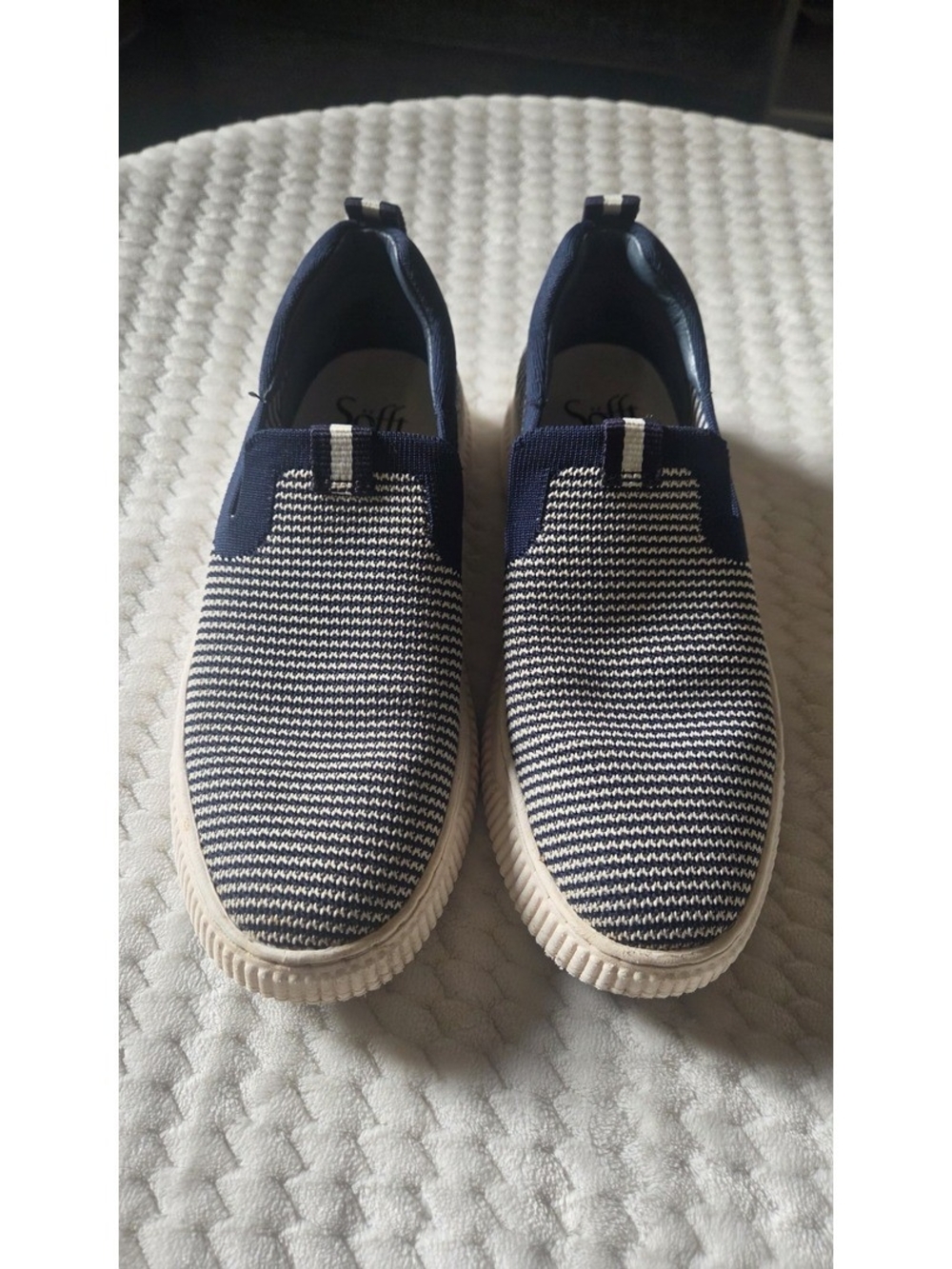 Sofft Womens Slip On Sneakers Navy White Striped Knit Platform Shoes Size 7M